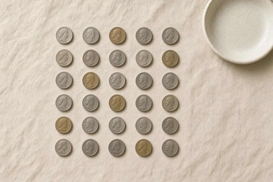 Thirty coins arranged in a neat grid on oatmeal linen beside an empty ceramic dish.