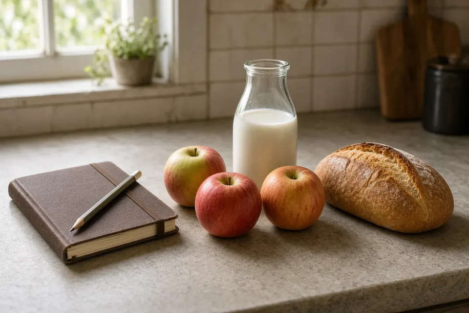 A closed pocket notebook, a pencil, milk, apples, and bread on a kitchen counter.