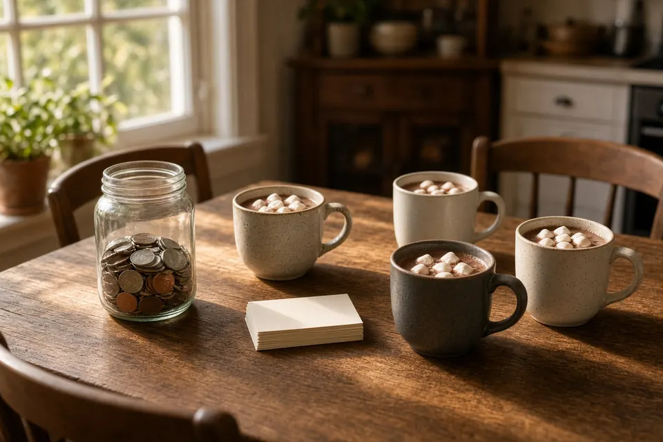 A kitchen table with four chairs, a jar of coins, blank cards, and four mugs of cocoa.
