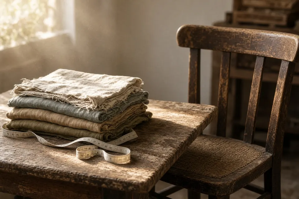 A vintage wooden chair, folded linen, and a measuring tape on a worn table in sunlit dust.