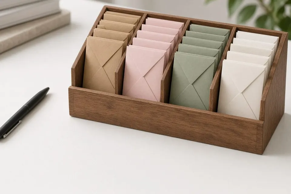 A wooden desk sorter holding rows of kraft, blush, sage, and cream envelopes, ready to be labeled for cash stuffing.
