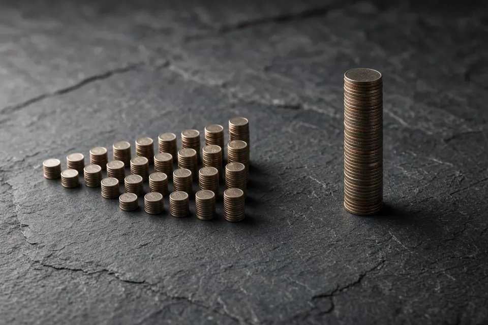 Many small stacks of coins on the left of a slate surface and one taller stack on the right.