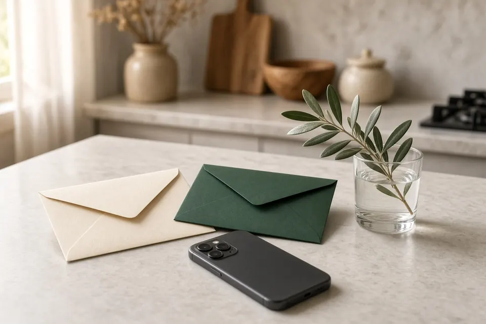 A cream envelope and a deep green envelope beside a face-down phone and a sprig of olive.