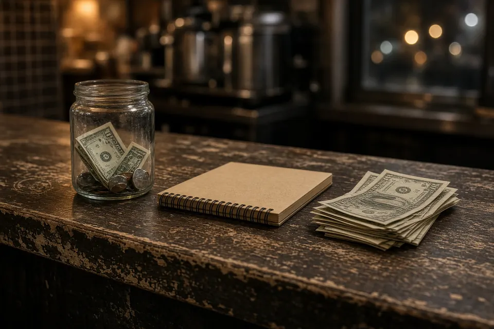 A glass tip jar, a closed notepad, and loosely stacked cash on a worn counter in evening light.