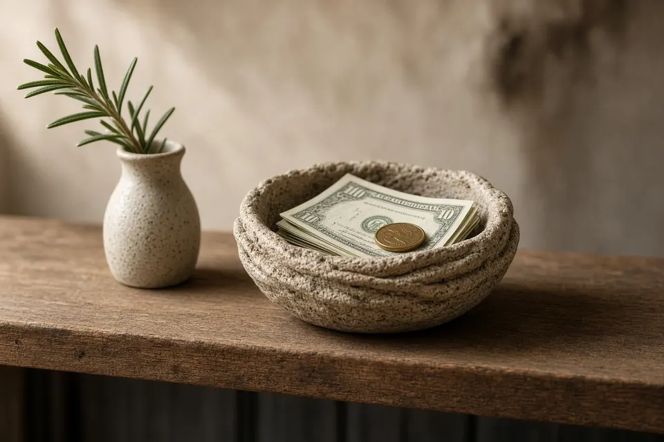 A small ceramic nest bowl holding folded cash and a coin on a wooden shelf beside rosemary.