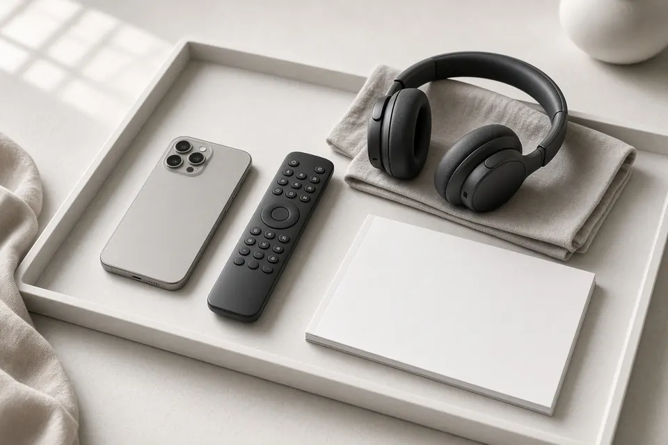 A face-down phone, a remote, headphones, and a blank magazine arranged on a pale tray.