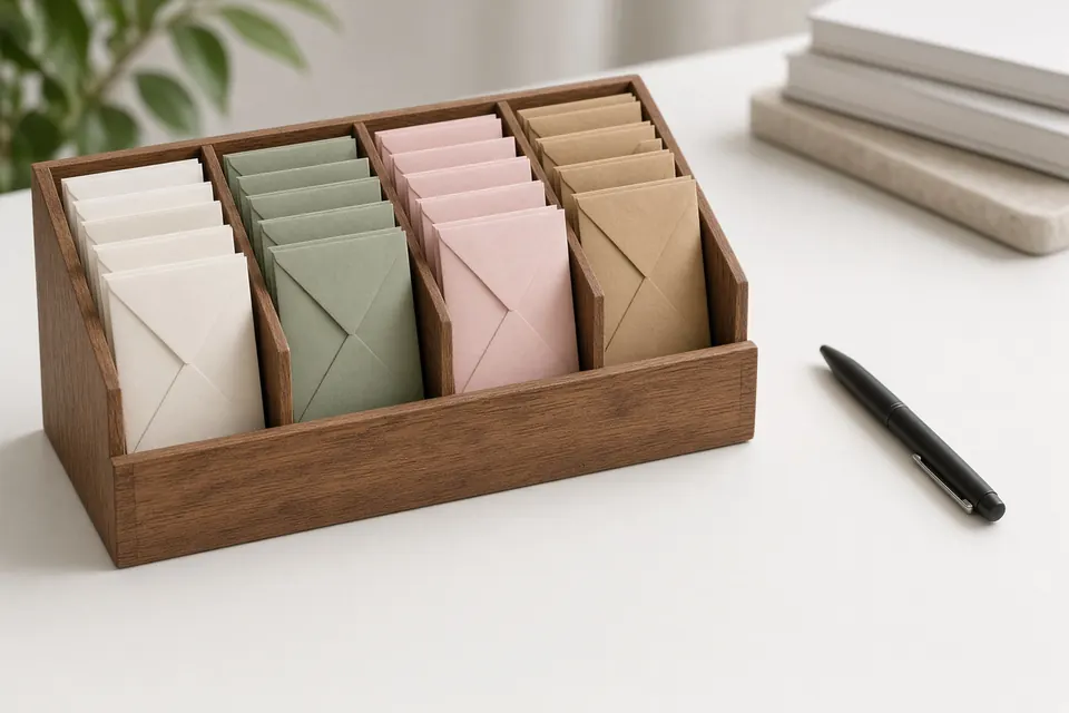 A wooden sorter holding a row of plain cream, sage, blush, and kraft envelopes beside a black pen.