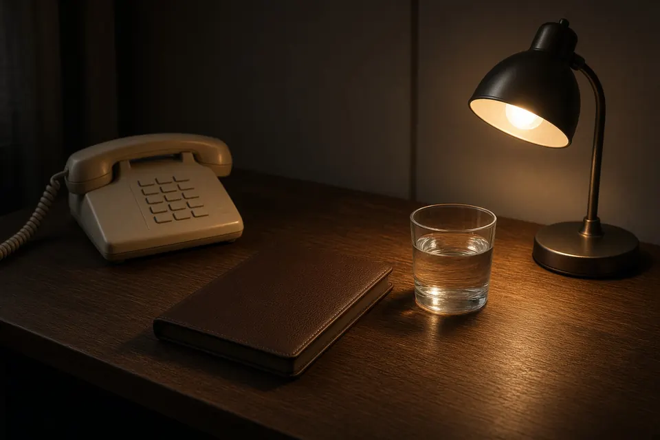 A corded desk phone, a closed notebook, a glass of water, and a small lamp in the evening.