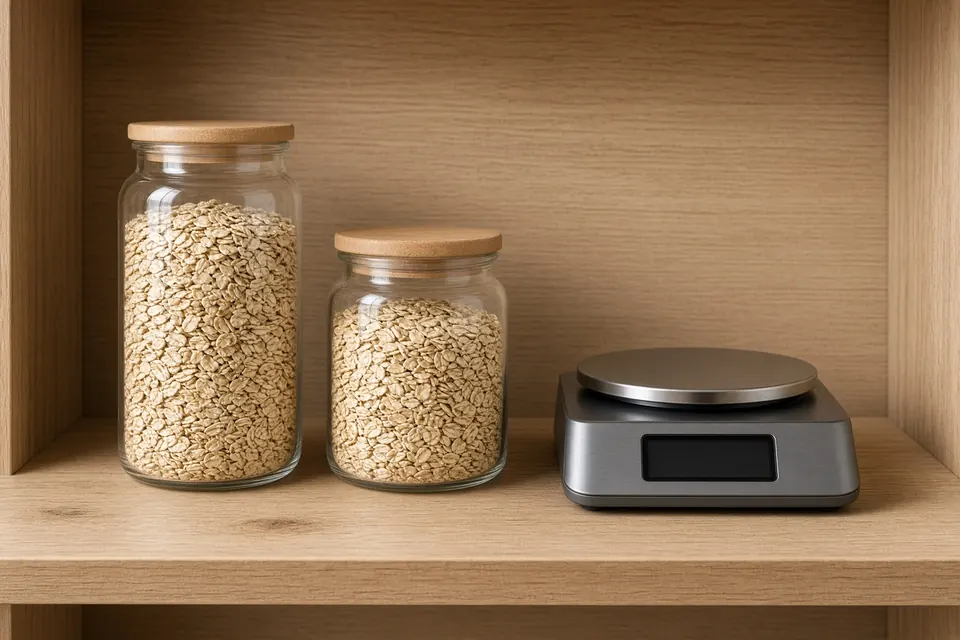 Two jars of oats, one taller and one shorter, beside a kitchen scale with a dark display.