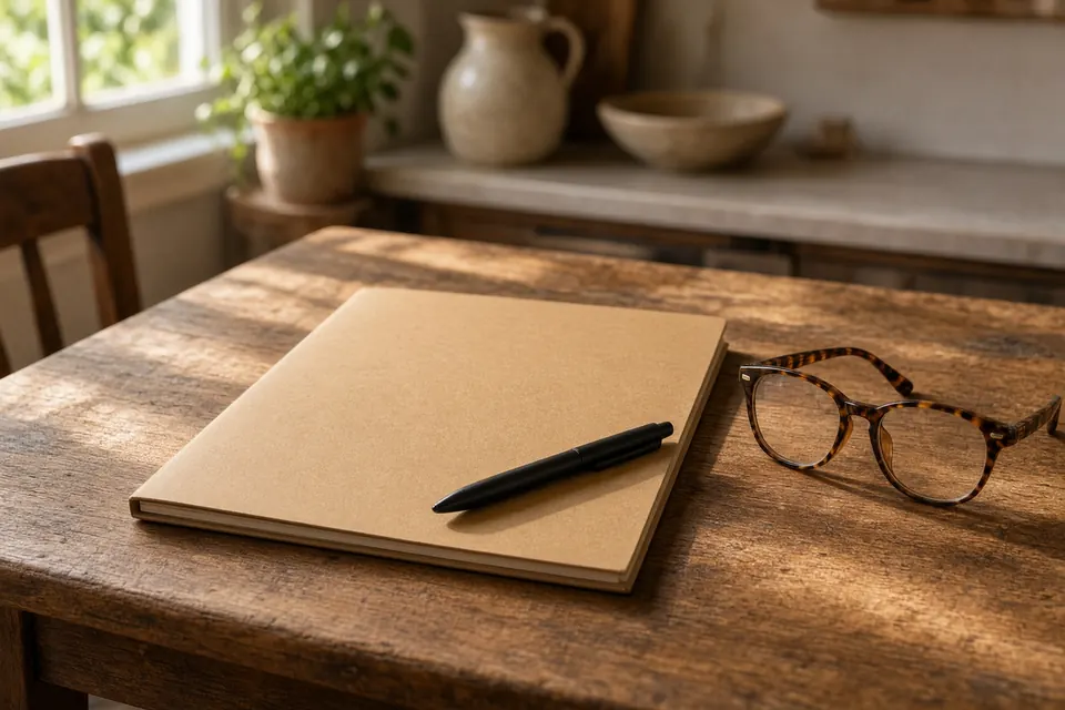 A closed kraft folder, a black pen, and reading glasses on a sunlit table.