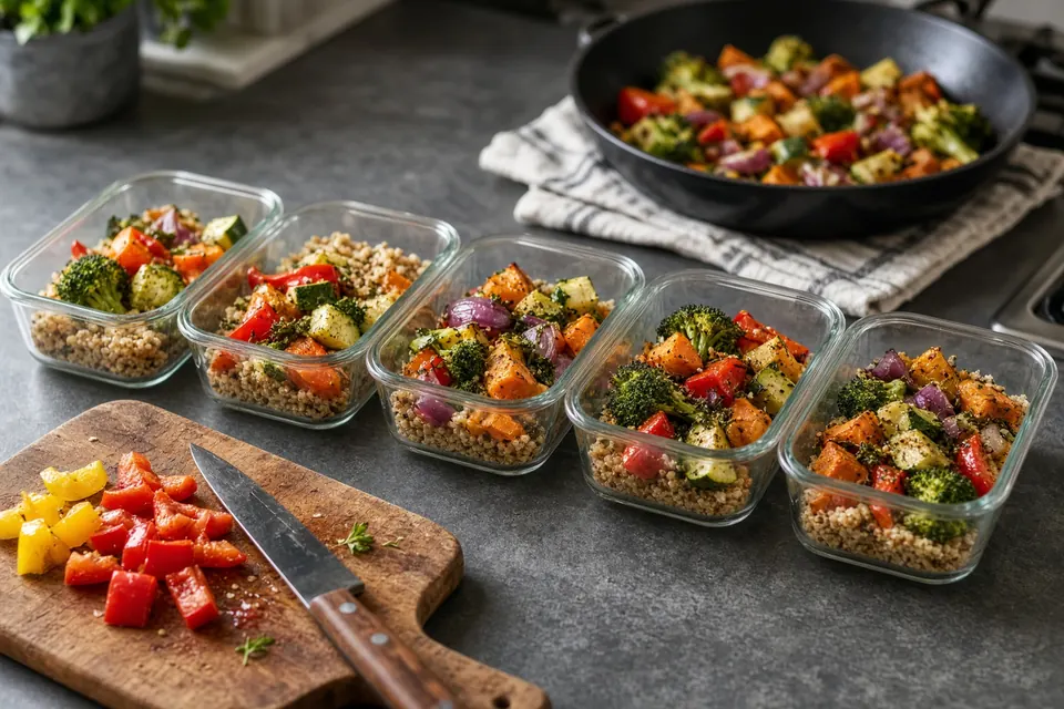 Glass meal-prep containers, chopped peppers on a board, and a cooling skillet in a weeknight kitchen.