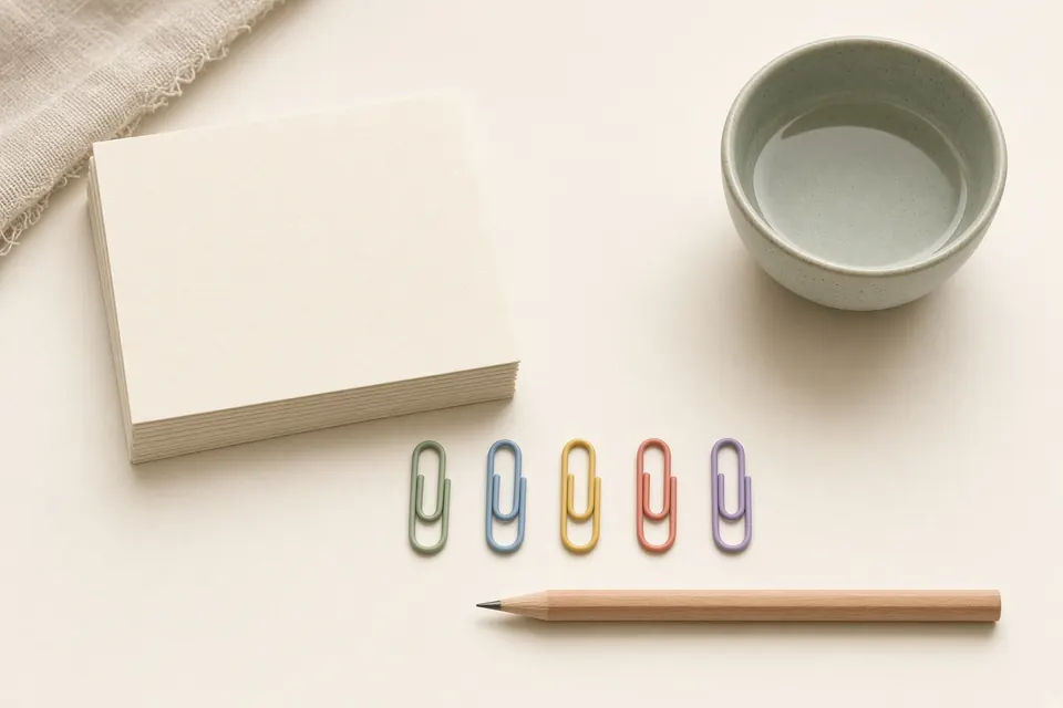Blank index cards, colorful paper clips, a pencil, and a small ceramic cup on a cream desk.