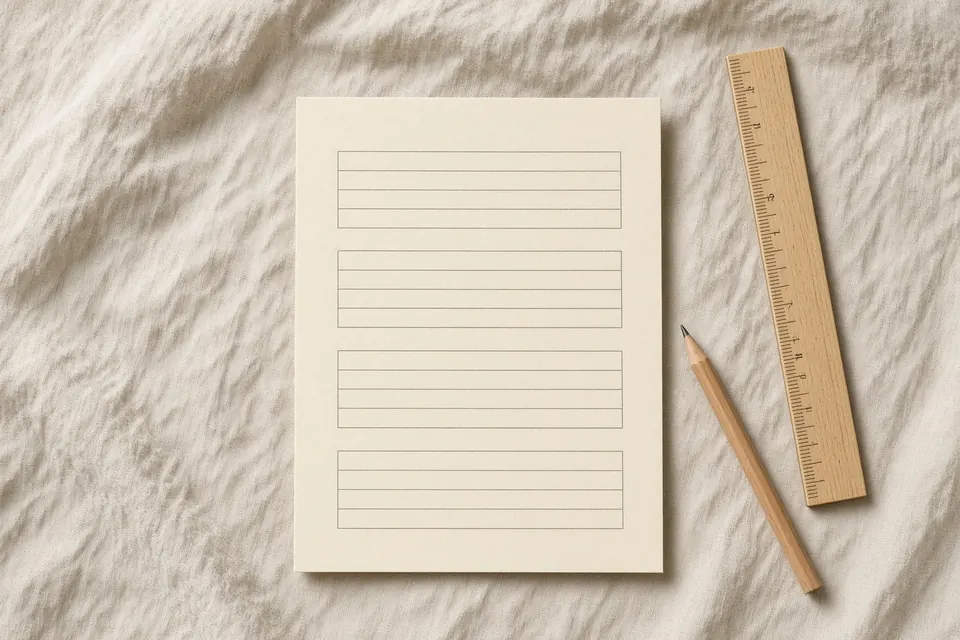 A single blank sheet with empty boxes, a wooden ruler, and a pencil on linen.