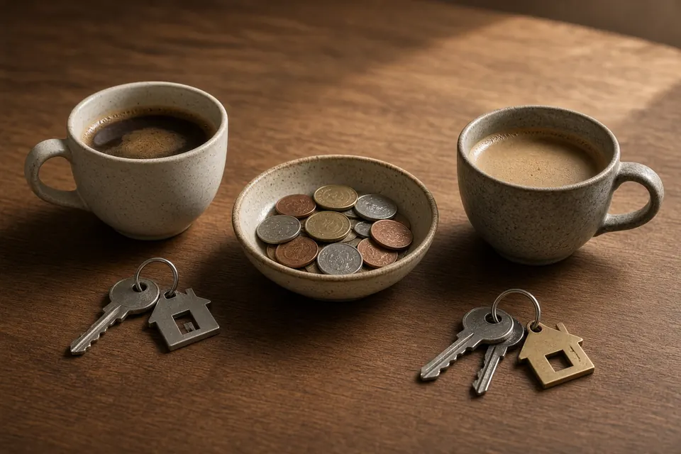 Two coffee cups, two sets of keys, and one shared bowl of coins in the center of a walnut table.