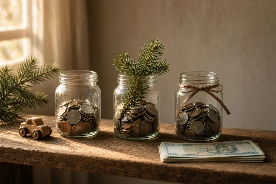 Three jars of coins on a shelf, with a toy car, a pine sprig, and a gift ribbon beside them.