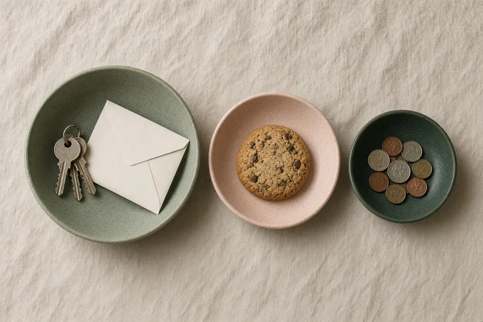 Three ceramic bowls on linen: one with keys and an envelope, one with a cookie, and one with coins.