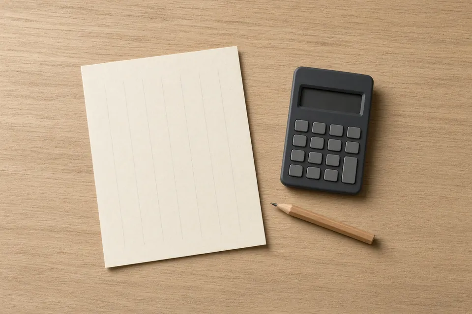 One sheet of paper with blank columns, a calculator with a dark screen, and a short pencil on an oak desk.
