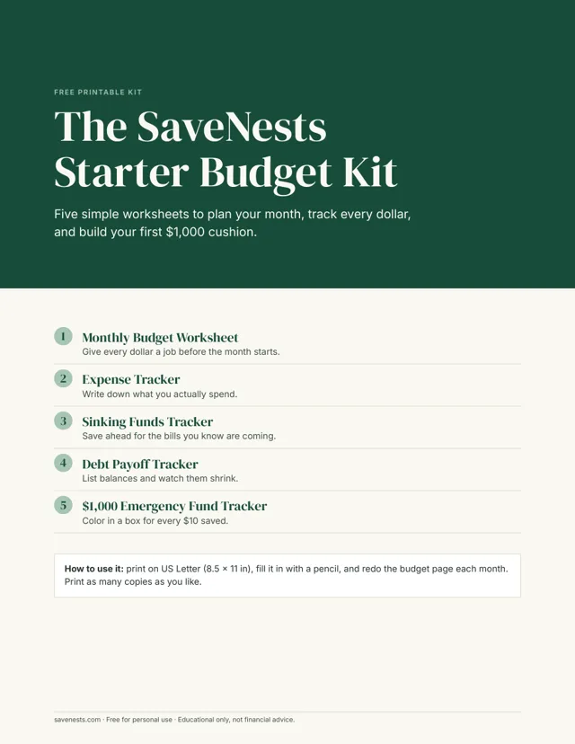 Cover of The SaveNests Starter Budget Kit printable PDF